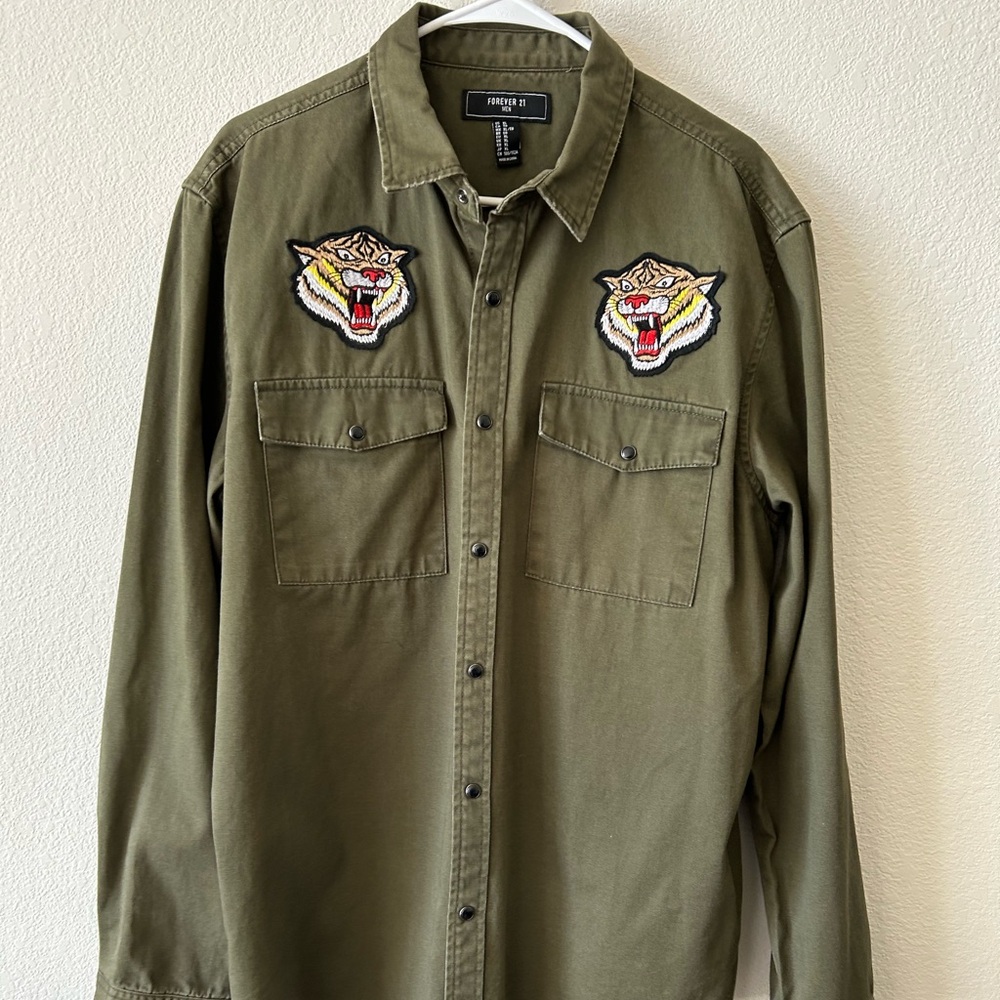Embroidered Tiger Patch Olive Green Shirt